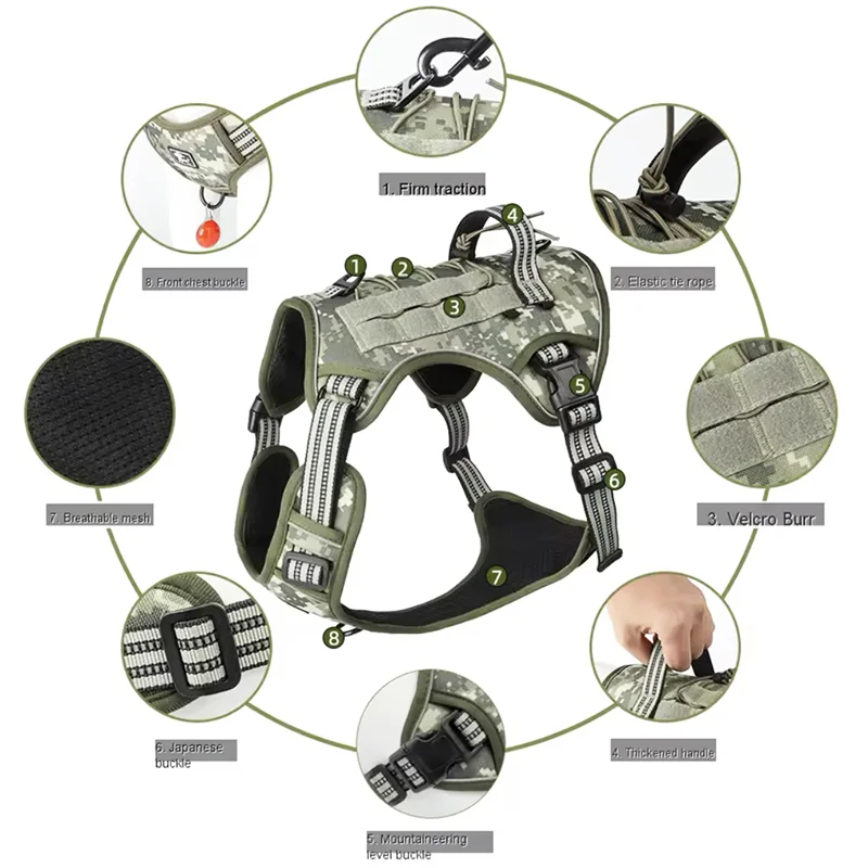 Harnais pour chien réfléchissant – Harnais tactique d’entraînement, anti-traction, réglable, sécurité et confort pour chiens moyens et grands