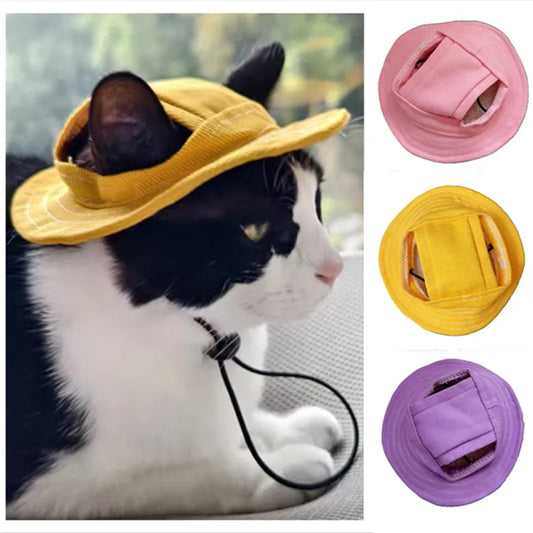 Cute Cat Dog Pets Hat with Ear Hole Dog Beach Visor Hat Sunhat for Cat Accessories Sun Cap Pet Outdoor Hat Supply for Dog Costum